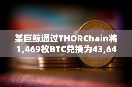某巨鲸通过THORChain将1,469枚BTC兑换为43,647枚ETH，总价值约1.31亿美元